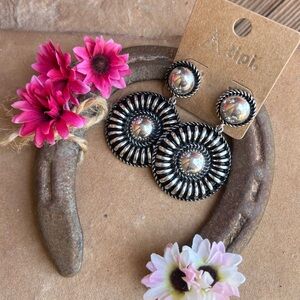 Western Concho Circular Silver and Black Statement Earrings
